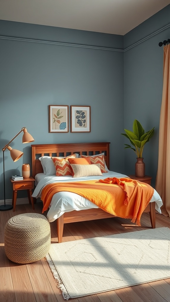 A cozy guest room featuring a corner bed with orange throws, wooden furniture, and decorative plants.