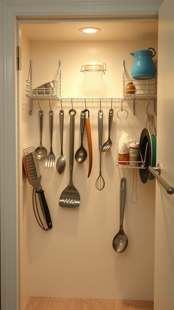 A corner kitchen pantry door with hooks and racks holding various kitchen utensils and jars.