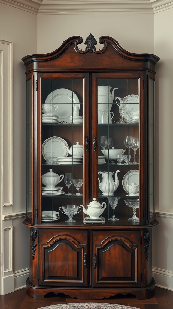 A wooden corner cabinet with glass doors displaying fine china and crystal glassware.