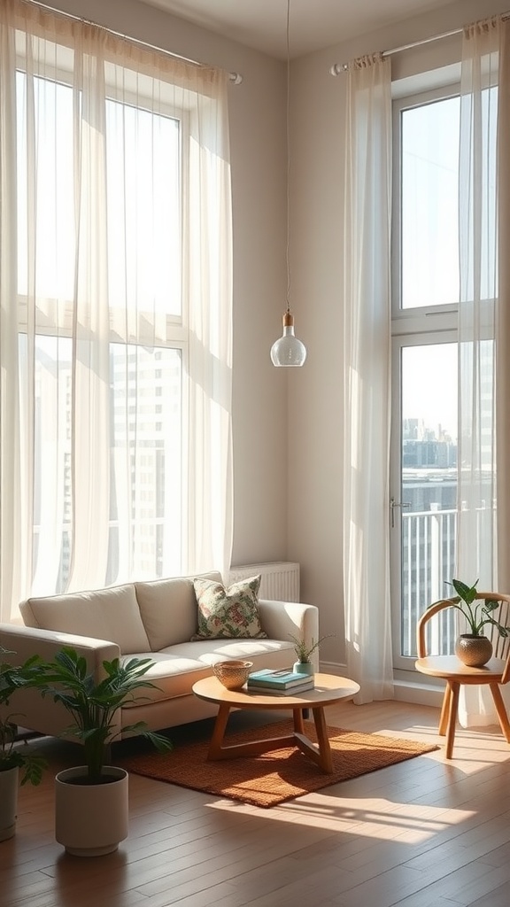 A bright and inviting studio apartment with open curtains, showcasing natural light, a cozy couch, a coffee table, and plants.