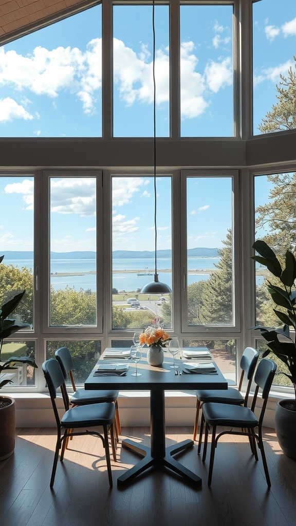 A small dining room with large windows showcasing a beautiful outdoor view.