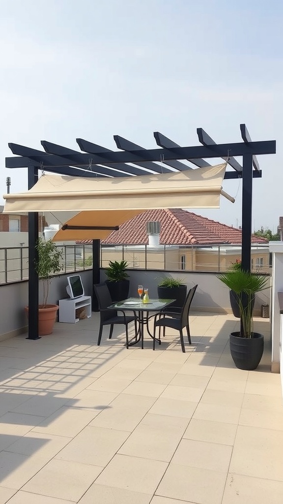A stylish rooftop patio featuring a shade structure, comfortable seating, and plants.