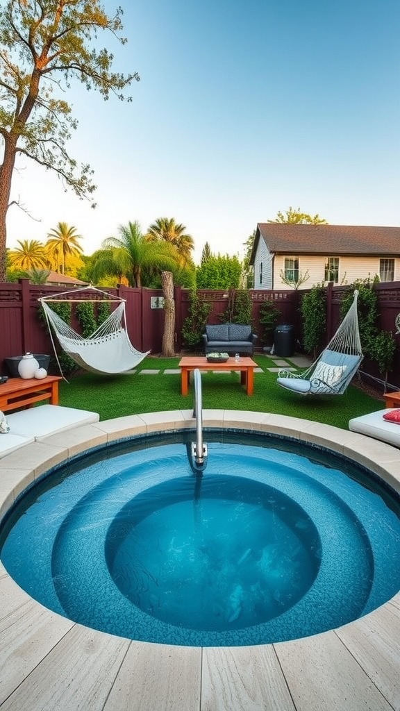 A backyard featuring a hot tub, hammocks, and lounge chairs, creating a cozy relaxation space.