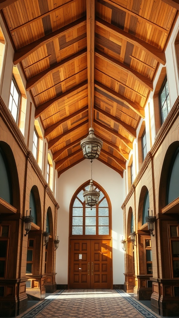 An elegant entryway featuring a vaulted wood ceiling, large windows, and decorative light fixtures.