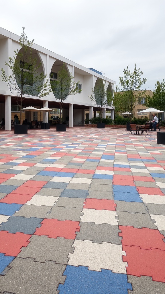 Colorful interlocking tiles arranged in a playful pattern in a spacious outdoor area.