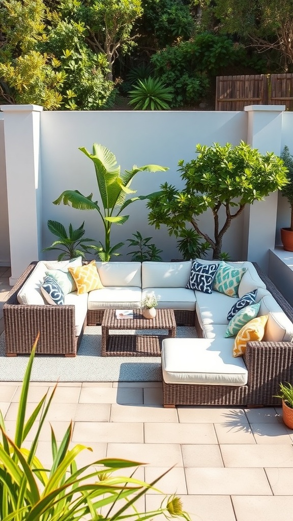 A cozy modular sectional sofa on a patio with colorful cushions and surrounded by plants.