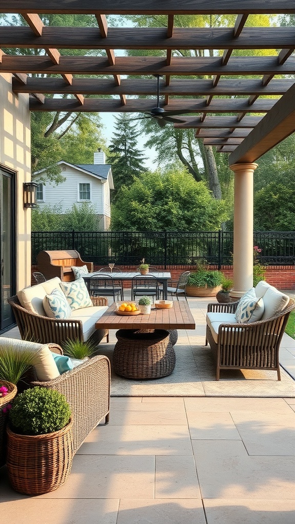 A cozy outdoor patio with comfortable seating, a central table, and potted plants.