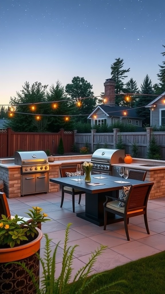 A cozy backyard dining area featuring two grills and a dining table surrounded by lights.