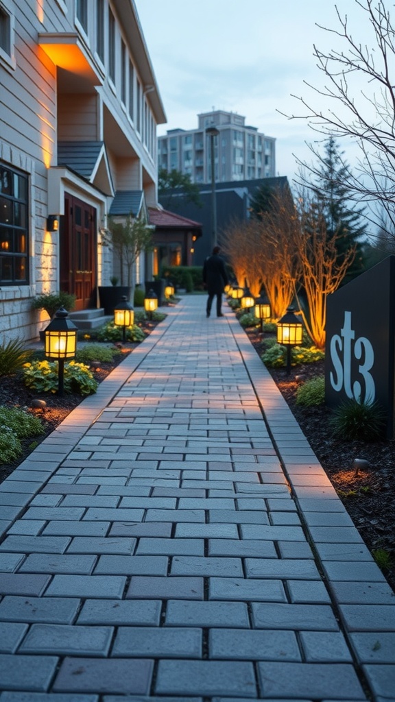 A well-lit walkway made of pavers, showcasing a neat pattern leading up to a building.
