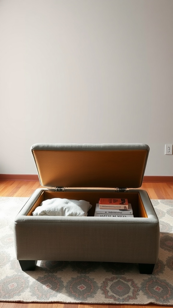 Open ottoman coffee table showing storage space with a blanket and books inside.