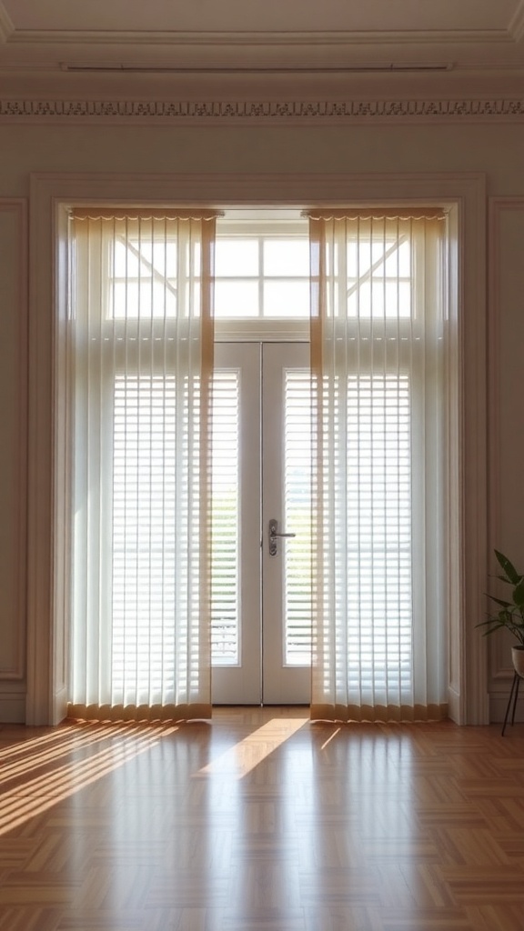 A set of vertical blinds covering a sliding door, allowing light to filter through.