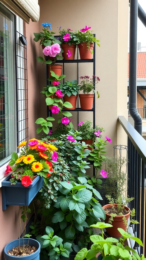A charming vertical garden on a balcony featuring colorful flowers and green plants in pots.