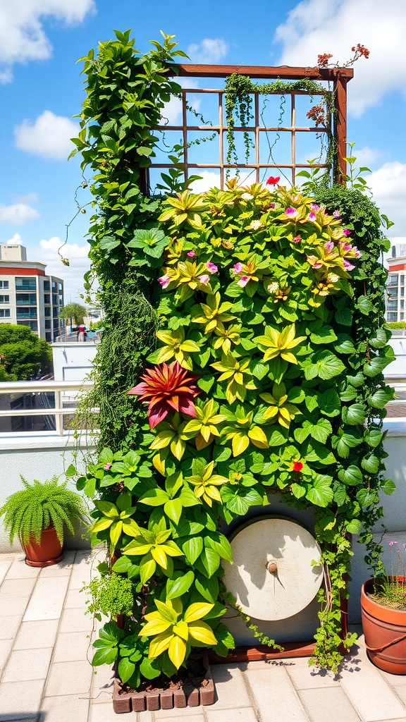 A vertical garden with colorful plants climbing a wooden frame on a rooftop.