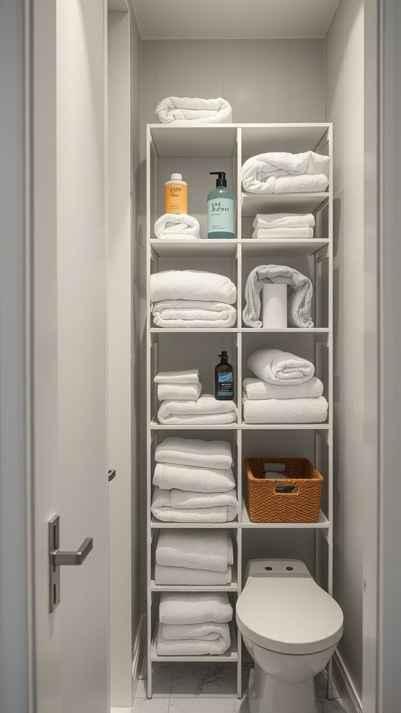 Vertical shelving unit in a small bathroom holding neatly arranged towels and toiletries.