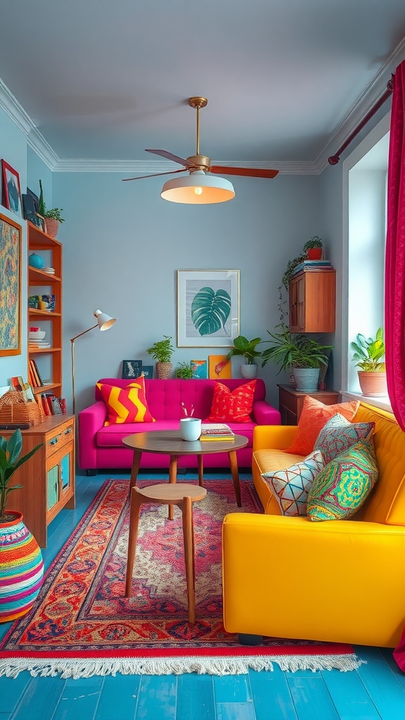 A living room featuring bright yellow and pink sofas, blue walls, colorful cushions, plants, and a vibrant rug, creating a lively atmosphere.