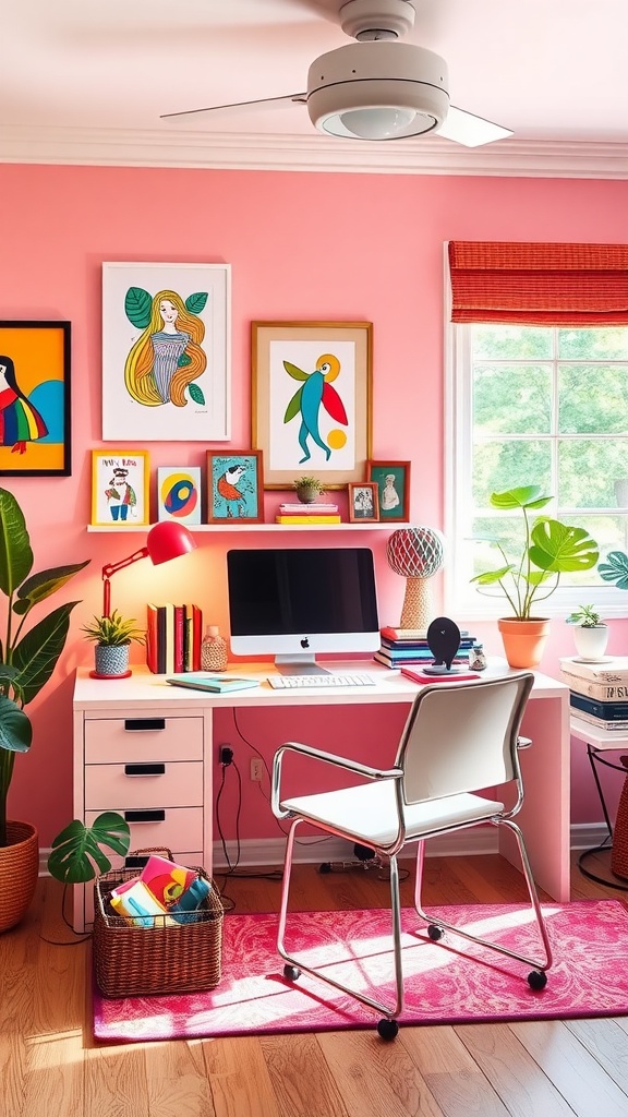 A colorful home office featuring pink walls, vibrant artwork, and a tidy desk space with plants and decor.