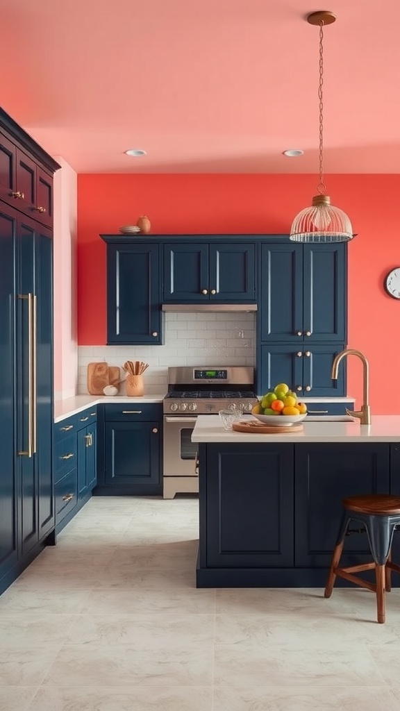 A kitchen featuring vibrant coral walls and navy cabinets, with white tiles and stylish lighting.