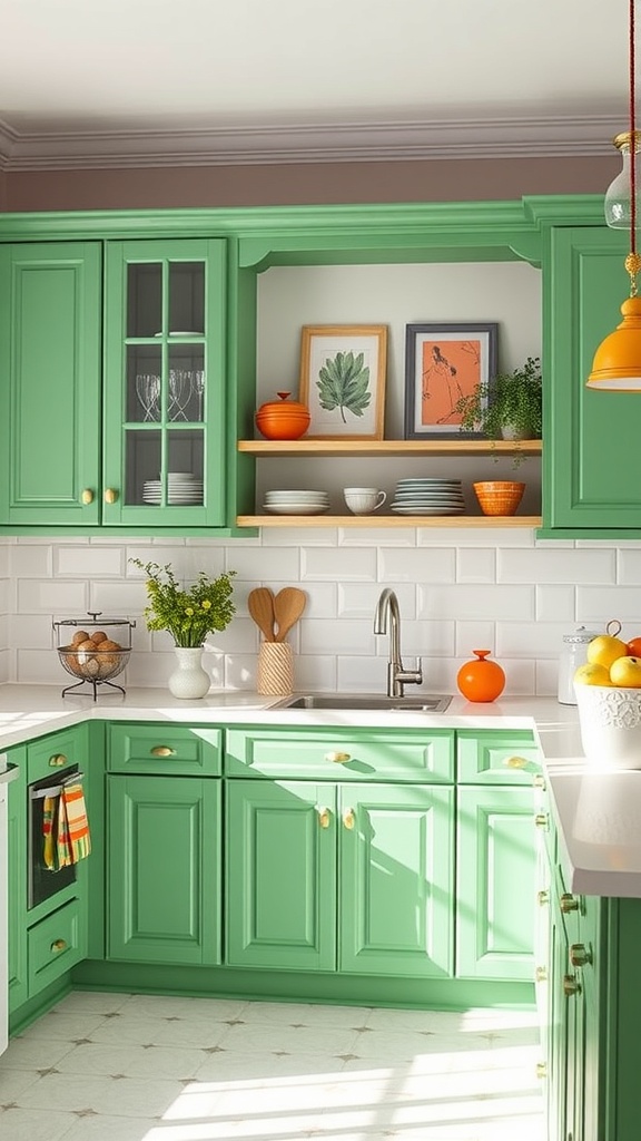 A kitchen featuring vibrant green cabinets, wooden shelves, and colorful accessories.