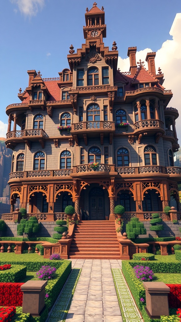 A detailed Victorian mansion built in Minecraft, featuring a grand staircase, intricate woodwork, and a beautiful garden.