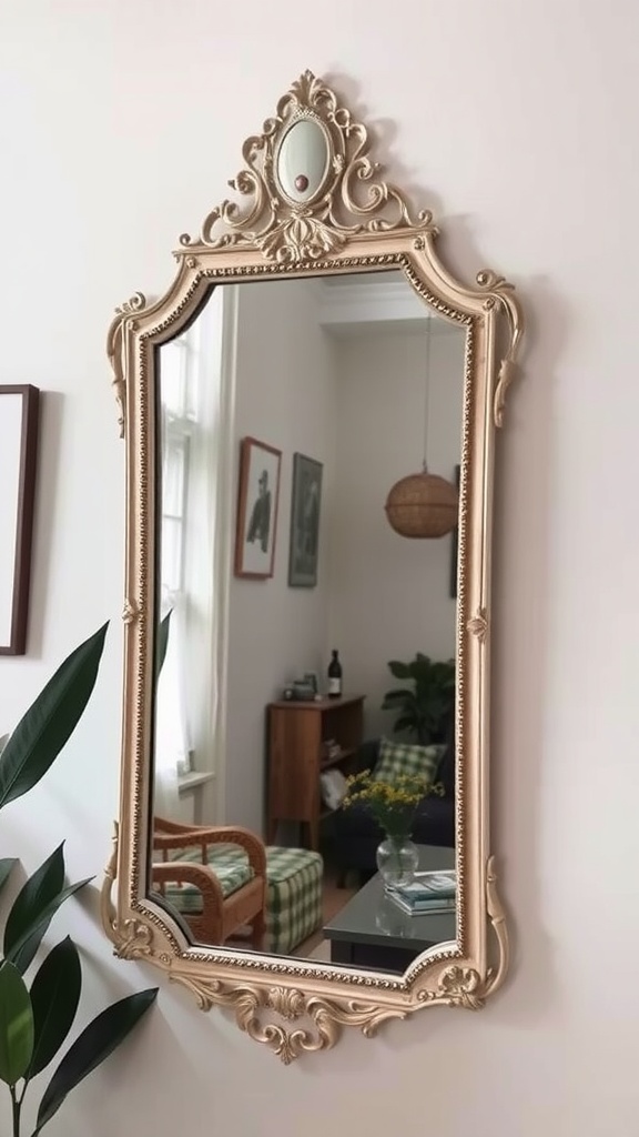 A vintage-inspired ornate mirror with a decorative frame hanging on a wall in a cozy apartment