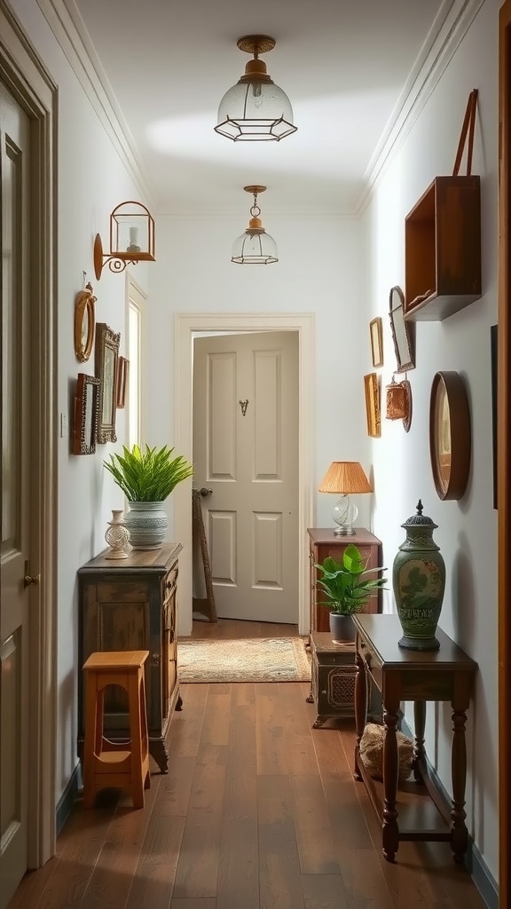 A vintage-inspired hallway featuring antique furniture, wall art, and plants.