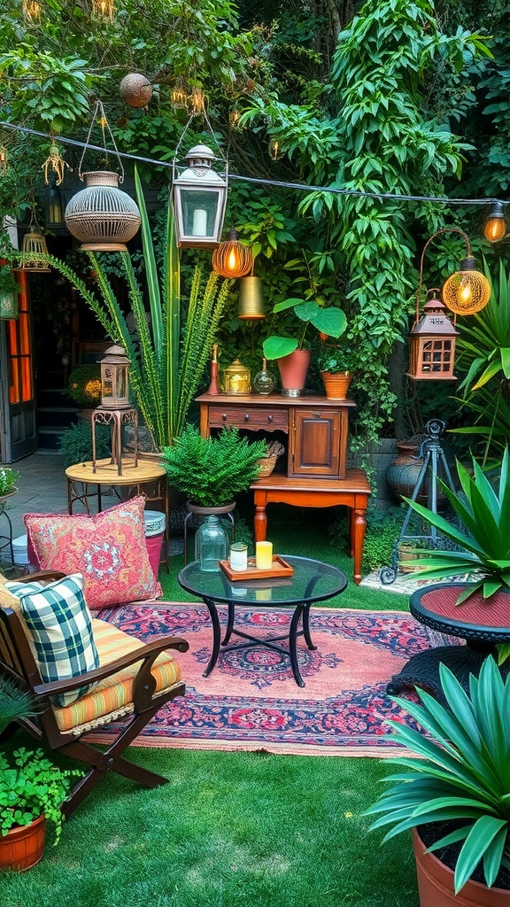 A cozy garden space with vintage decor, featuring plants, lanterns, and colorful cushions.