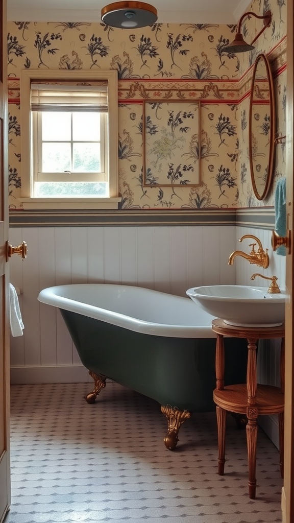A vintage-style bathroom featuring a clawfoot tub, floral wallpaper, and antique finishes.