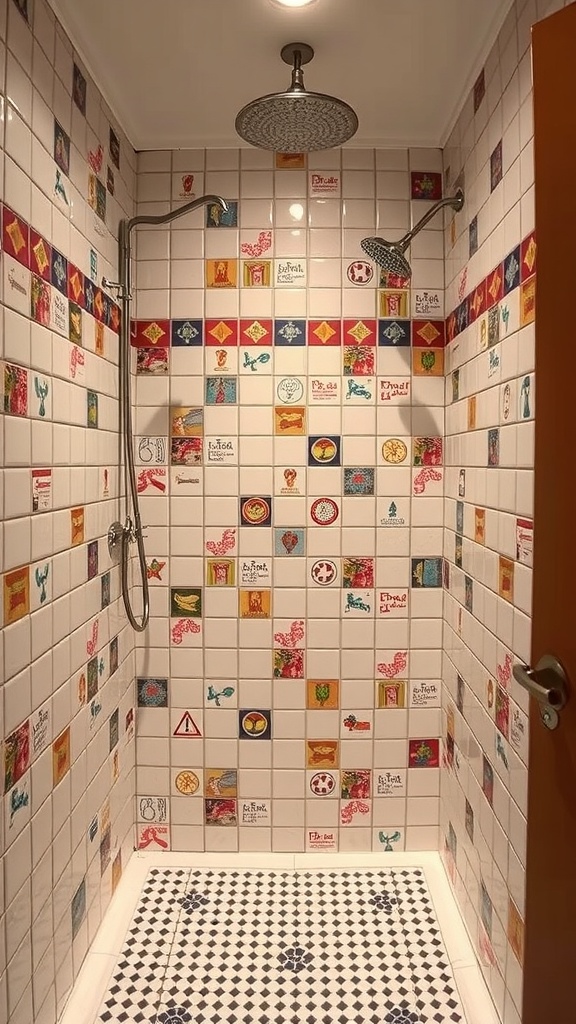 A shower niche featuring colorful vintage tiles and two shower heads.