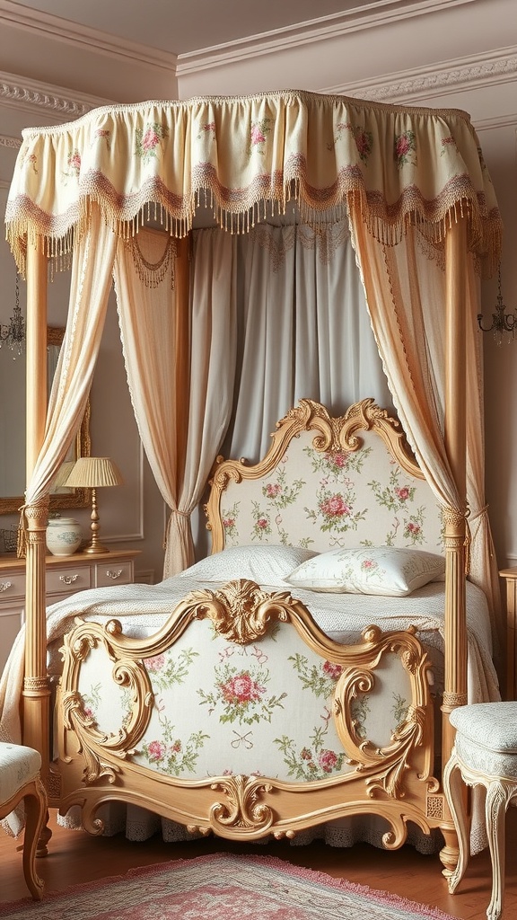 A vintage floral canopy bed with intricate woodwork and soft floral patterns, creating an elegant and cozy atmosphere.