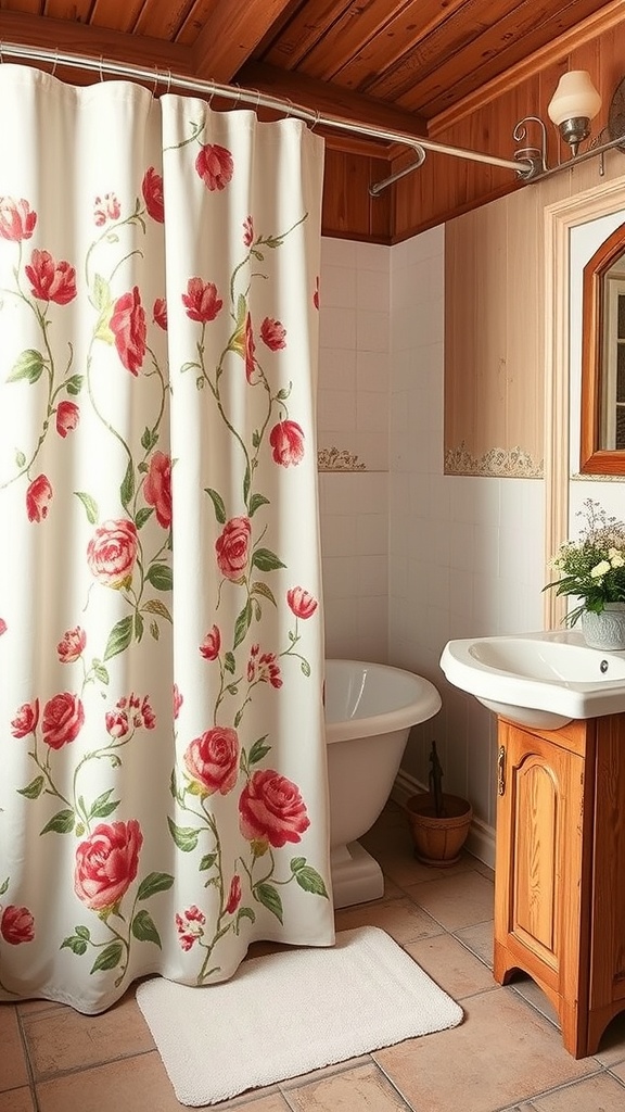 A vintage floral shower curtain with red roses in a bathroom setting.