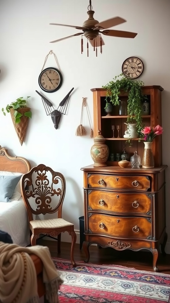 A cozy bohemian bedroom featuring vintage furniture including a wooden dresser and ornate chair.