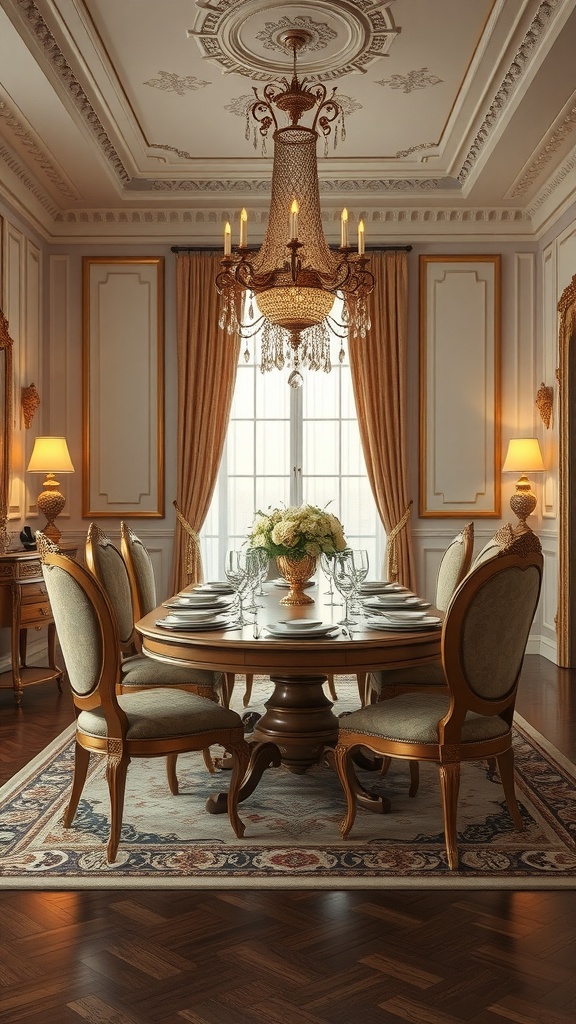 A vintage glam dining room featuring a round wooden table set with elegant glassware, surrounded by upholstered chairs, with a decorative chandelier and golden curtains.