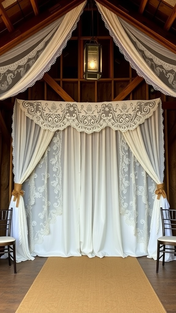 A wedding backdrop featuring vintage lace and burlap with wooden elements