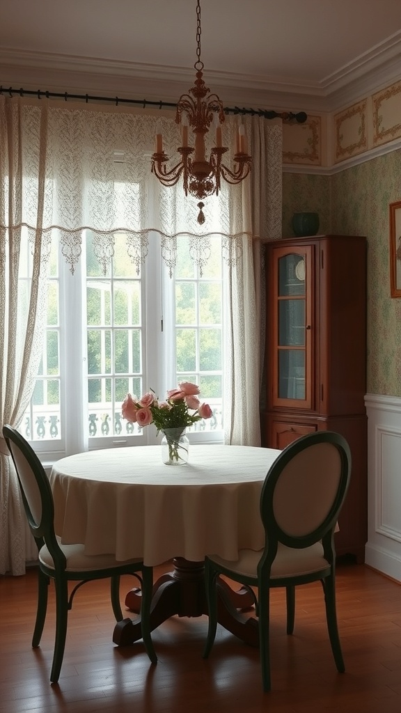 A dining room featuring vintage lace curtains, a round table with a floral centerpiece, and a chandelier.