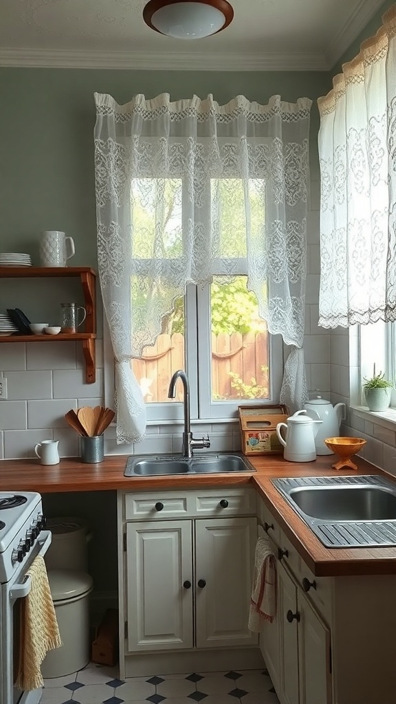 A kitchen with vintage lace curtains framing the window, showcasing a cozy and inviting atmosphere.