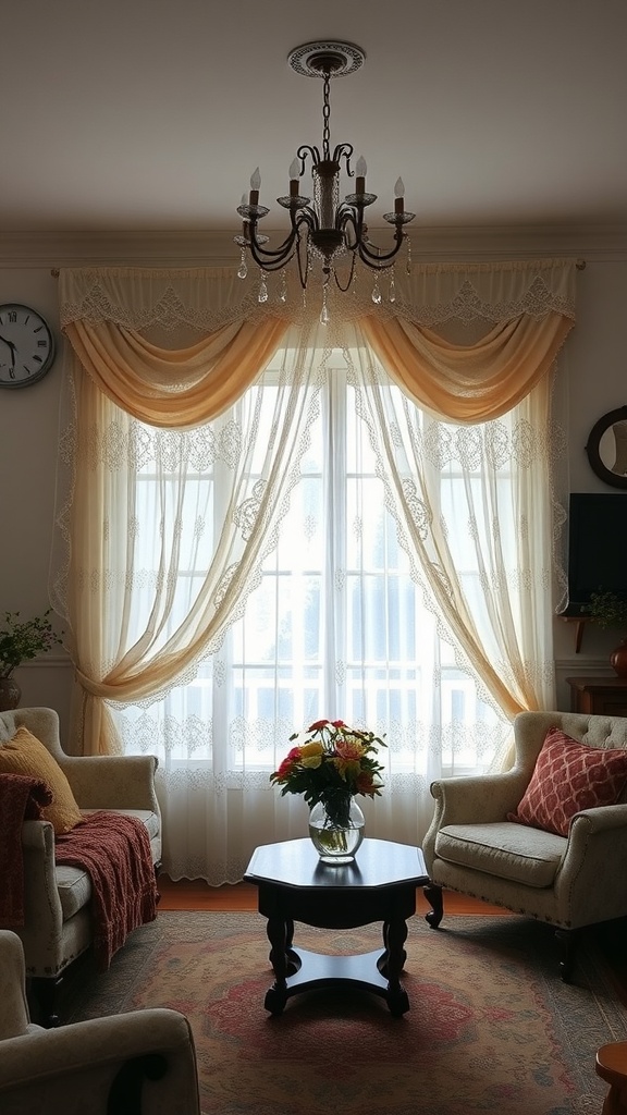 A vintage living room featuring lace curtains, a chandelier, cozy furniture, and a floral centerpiece.