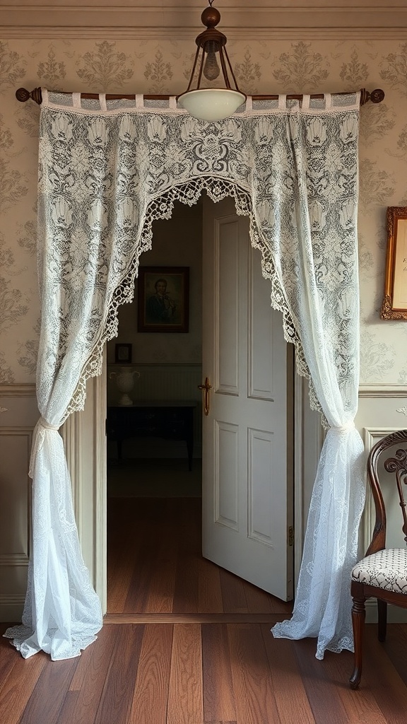 A doorway framed by vintage lace curtains, showcasing intricate patterns and soft light filtering through.