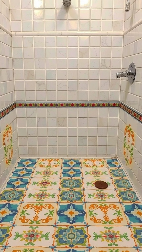 Shower floor featuring vibrant vintage retro tiles with intricate patterns in blue, orange, and floral designs.