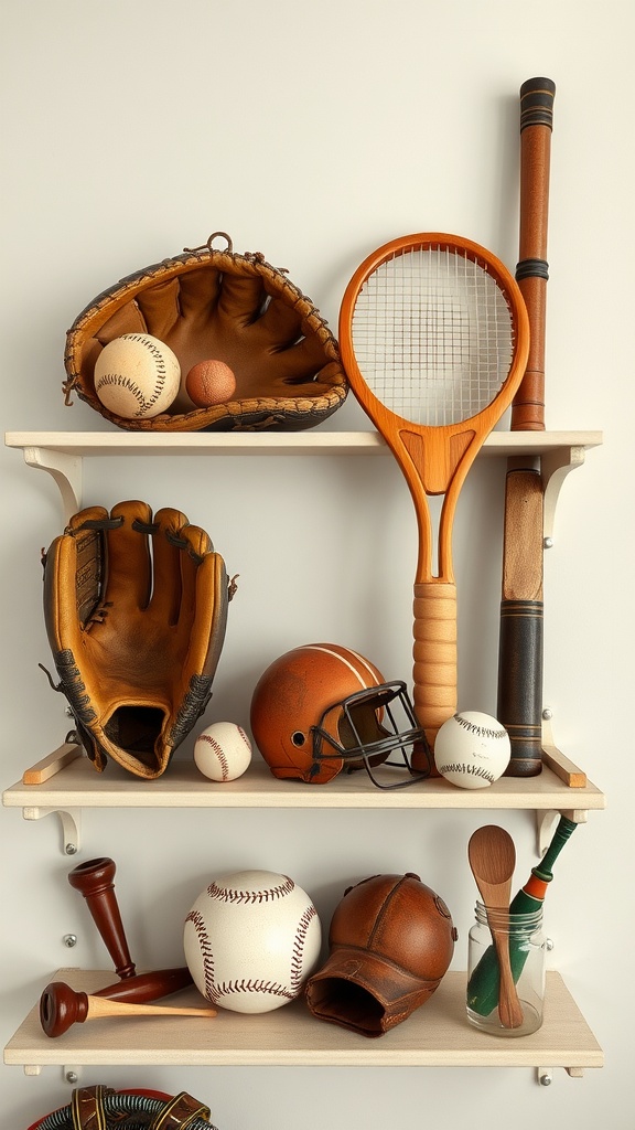 Vintage sports equipment displayed on shelves, including baseball gloves, a tennis racket, and a football helmet.