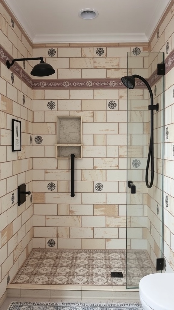 A rustic walk-in shower featuring vintage tile patterns with earthy tones and decorative accents.