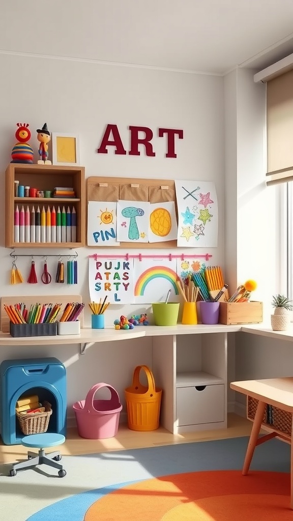 A colorful wall-mounted art station for toddlers featuring organized art supplies, children's artworks displayed, and the word 'ART' on the wall.