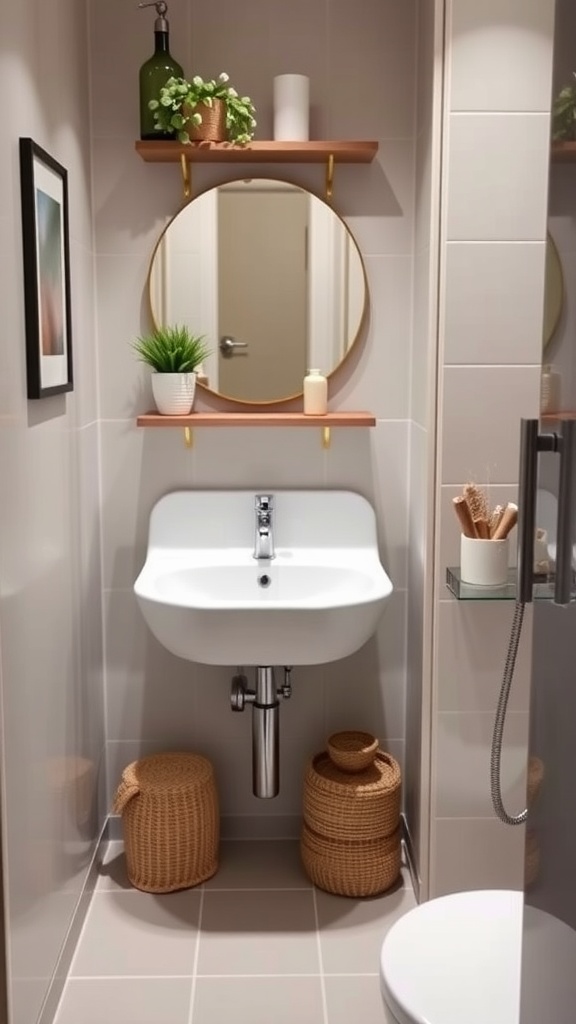 A stylish wall-mounted sink with wooden shelves and decorative elements in a small bathroom