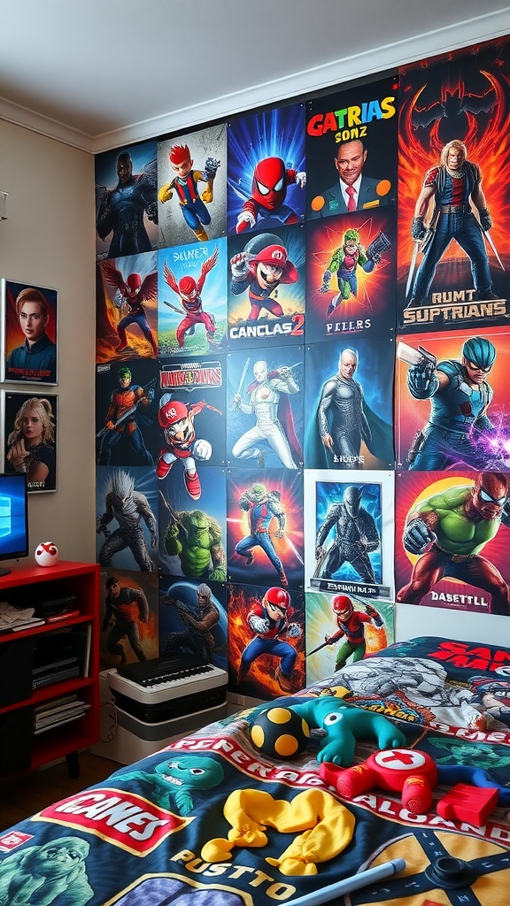 A colorful wall filled with posters of superheroes and gaming characters in a gaming bedroom.