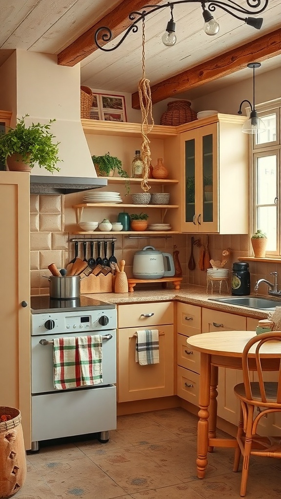 Cozy kitchen with warm beige cabinets, wooden accents, and a simple dining table.