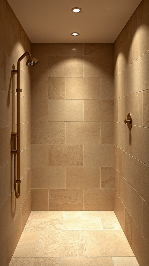 Elegant shower featuring warm tones of travertine stone tiles with brass fixtures.