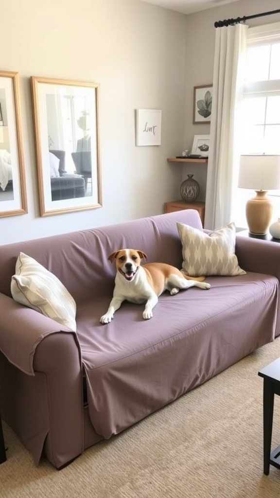 A cozy living room with a water-resistant couch cover and a relaxed dog lying on the sofa.