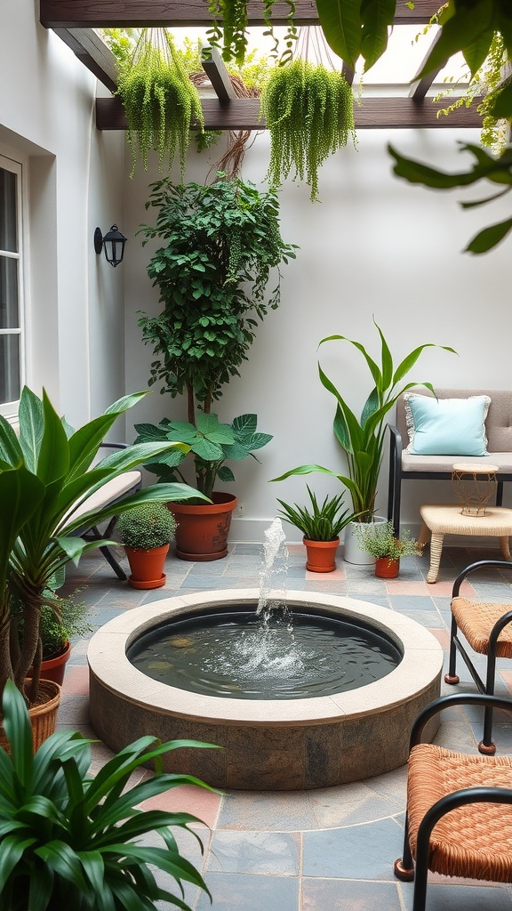 A serene outdoor terrace featuring a circular water fountain surrounded by lush plants and cozy seating.