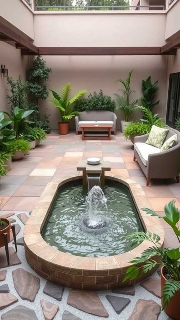 A peaceful patio featuring a central water fountain surrounded by plants and seating.