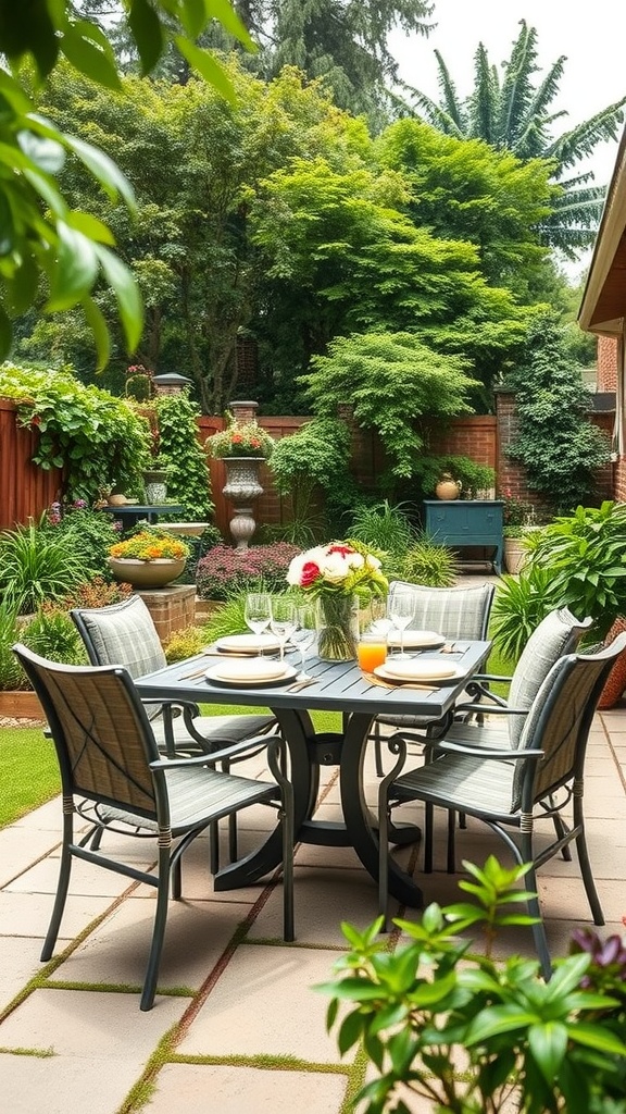 A cozy backyard dining area with a round table and four chairs surrounded by lush greenery.