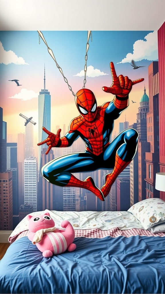 Spider-Man mural on bedroom wall with city backdrop and a pink stuffed animal on the bed